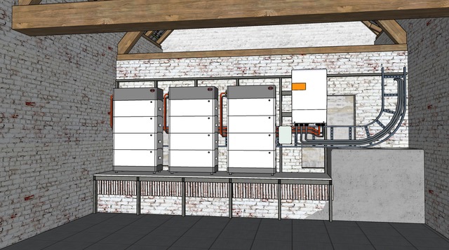 3D tekening van off-grid systeem met Studer en BYD batterij